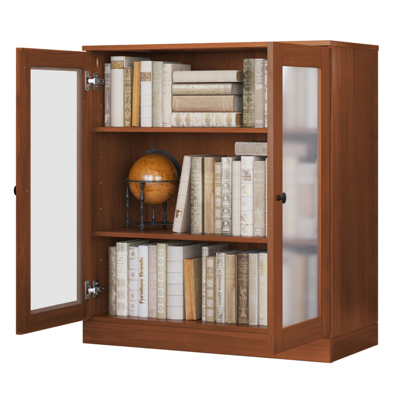 Palace Imports 100% Solid Wood 3-Shelf Bookcase, Frosted Glass Doors, Adjustable Shelves, 32" Wide, 35.75" Tall, Mocha