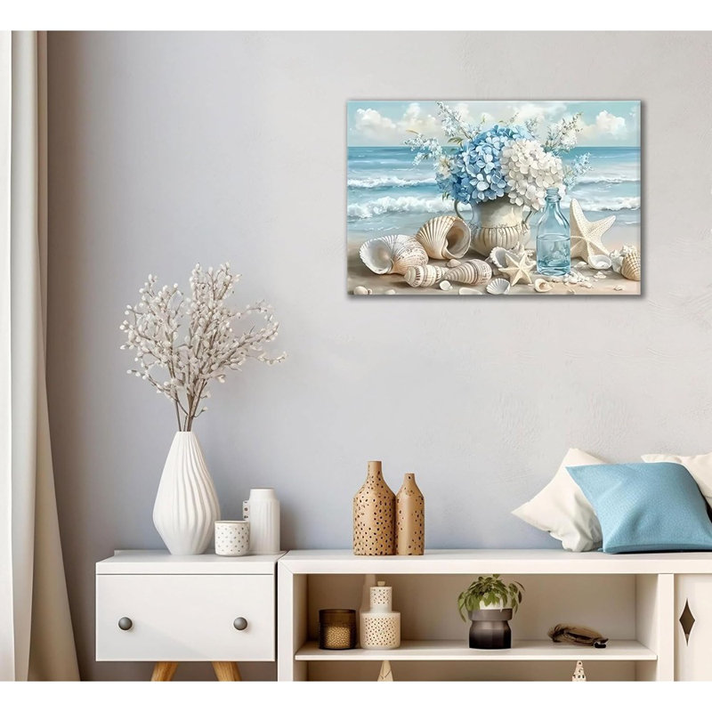 "Blue Ocean Beach", impression sur toile - coquillage côtier et affiche de vase pour la maison