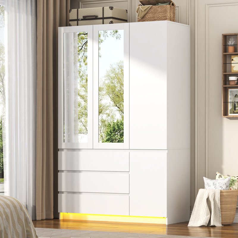 75" Led Wooden Armoire Wardrobe Closet With Mirror, 3 Doors & Adjustable Shelves, Storage Cabinet With Hanging Rod And Drawers For Bedroom, Living Room, Entryway