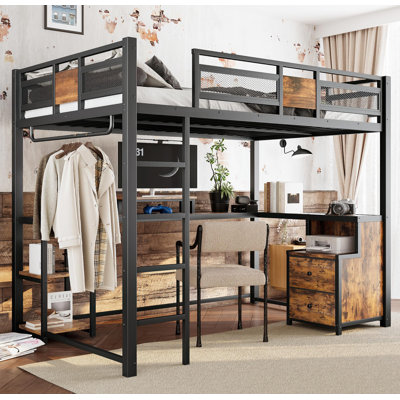 Full Loft Bed with Desk and Storage Non-woven Fabric Drawers, Metal Loft Bed Frame with Ladders, Nosie-free and No Spring Box Needed.Black