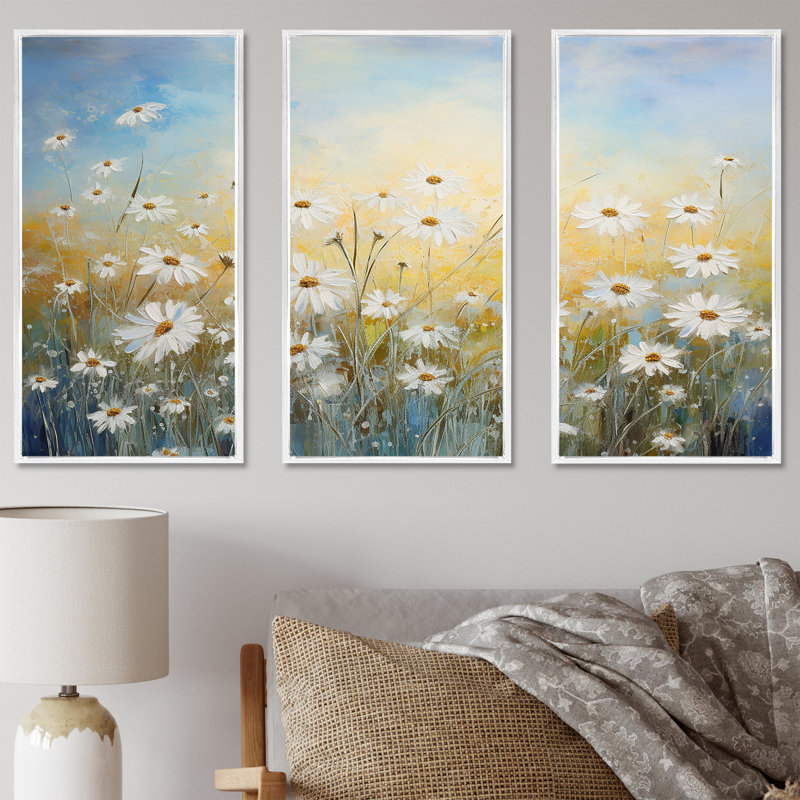 «Daisy Dreamscape Flowers Field III», ensemble d'art sur toile, H 40 po x l 60 po x P 1 po, Cadre flottant blanc