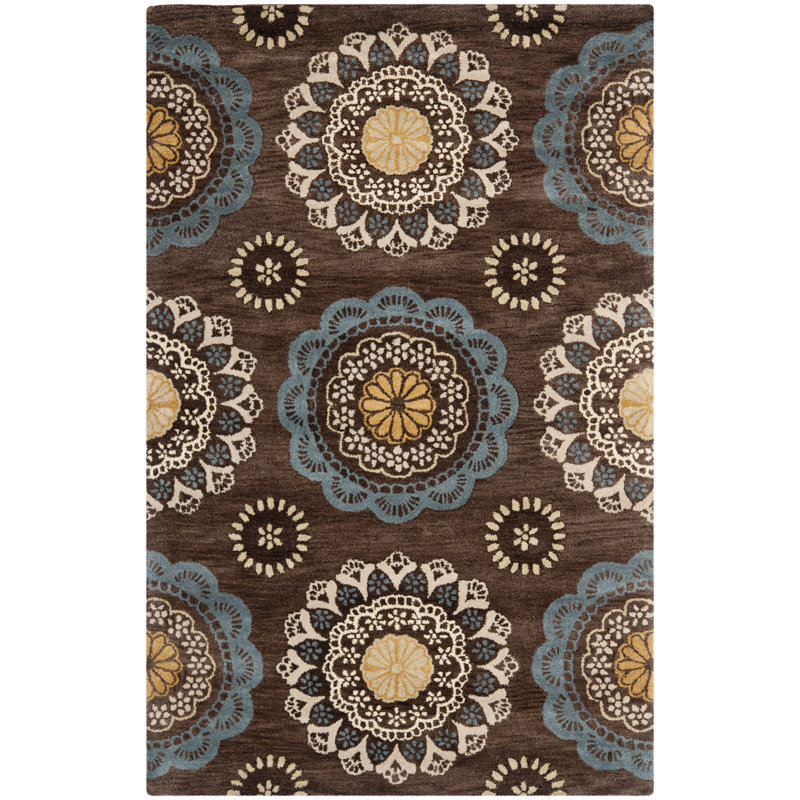 Kouerga Hand Tufted Wool/Cotton Floral Rug in Beige/Brown/Blue, Rectangle 5' x 8'