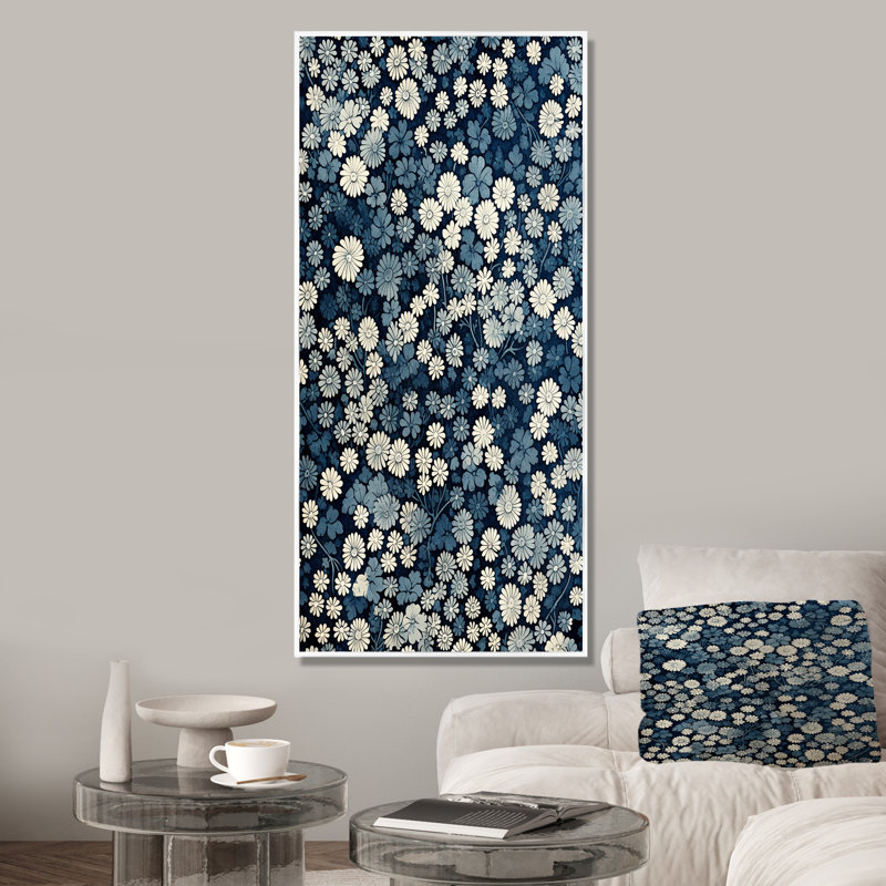 «Blue and White Moonlit Geometric River - Coastal Minimalisme», art mural, Cadre flottant blanc, H 60 po x l 28 po x P 1,5 po