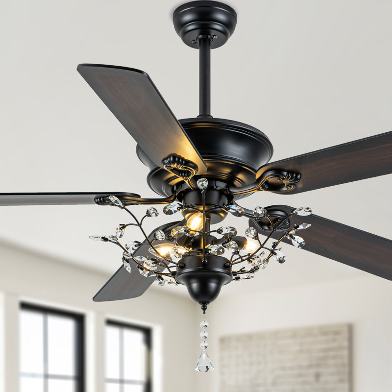 52" Black Crsytal Ceiling Fan with Light and Remote Control 6-speed Reversible DC Motor, Black