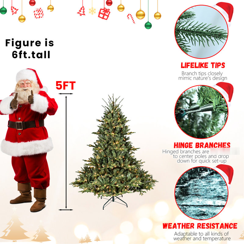 Arbre de Noël de 5 pi, 350 lumières Ul, 1129 pointes pe / mixtes, base large, structure à charnières, silhouette de base en métal, support stable