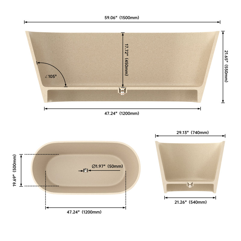 59 Inch Freestanding Outdoor Soaking Tub Solid Surface Concrete Terrazzo Bathtub