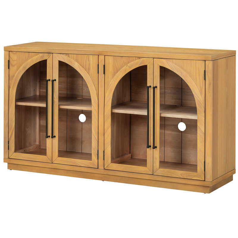 Rangement arqué rétro à 4 portes, tablettes réglables, bois naturel, buffet à structure stable avec verre et aura, pour la décoration intérieure