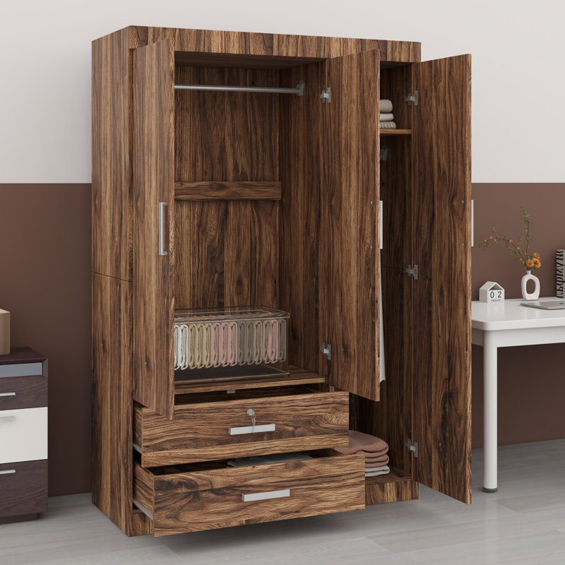 Armoire fonctionnelle à trois portes avec tiroirs de rangement et deux tringles de suspension, Brown