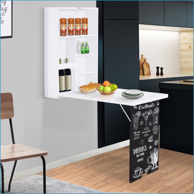 Bureaux, bureau flottant mural moderne pliable avec tablettes et amp; Tableau noir | Blanc + noir | Panneau de fibres à densité moyenne