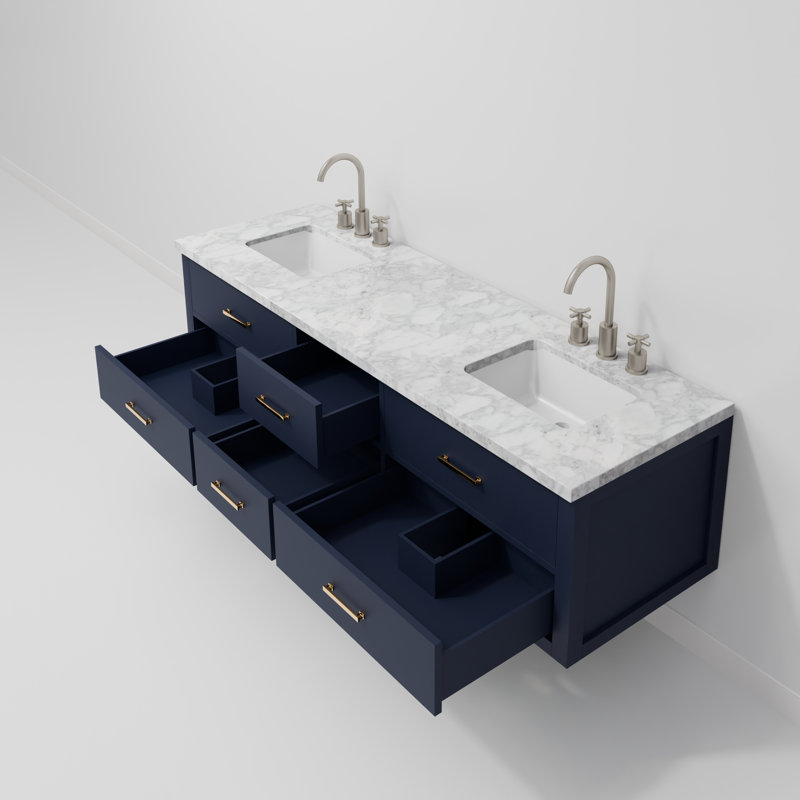 Castor 72" Wall-Mounted Double Bathroom Vanity Set, Blue, White Carrara Marble