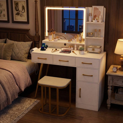 Dimmable LED Lighted Vanity Set, Adjustable Brightness HD Mirror & Spacious Tabletop, Smooth Glide Storage Drawers