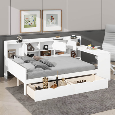 Full Size Wooden L-Shape Daybed With Seven Storage Cabinets & Two Drawers, Multi-Functional Bed With Built-In Study Desk & Bookshelf