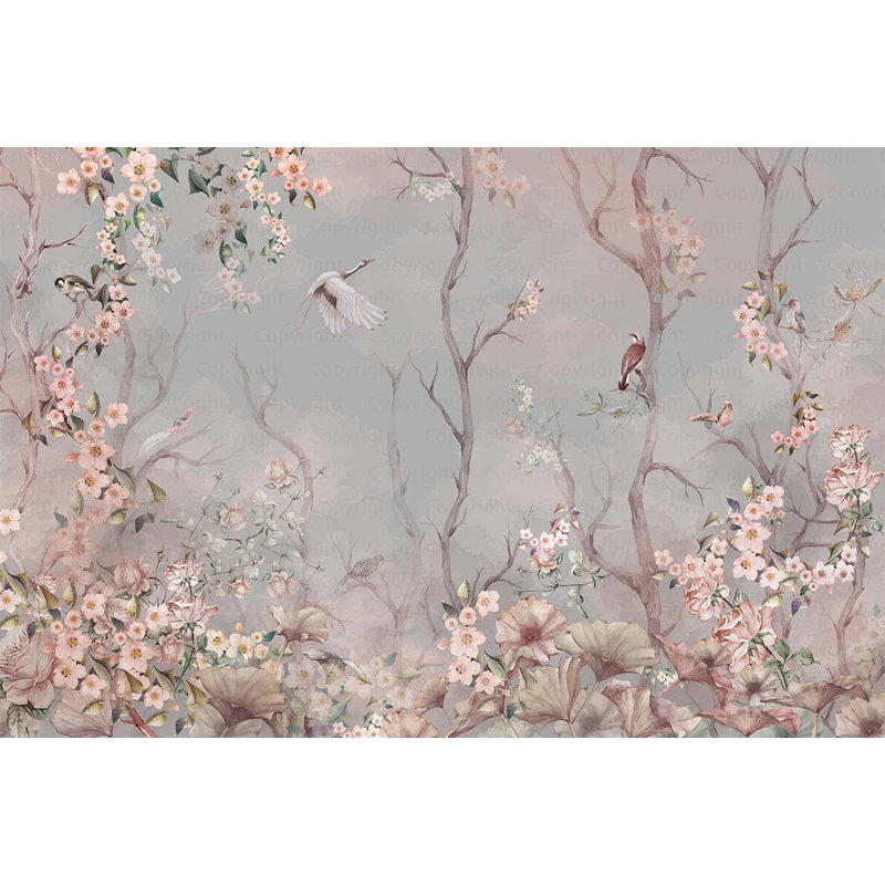 Papier peint fleurs de cerisier et oiseaux, sérénité florale pastel, L 110 po x l 163 po, Bleu