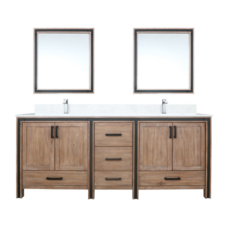 Ziva 80 in W x 22 in D Double Bath Vanity, White Top, 30 in Mirrors and Chrome Faucet Set, Rustic Barnwood