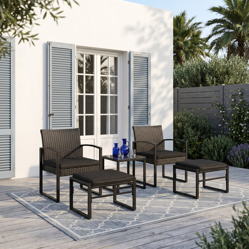 2-Person Outdoor All-Weather Wicker Conversation Set with Ottomans and Tempered Glass Coffee Table