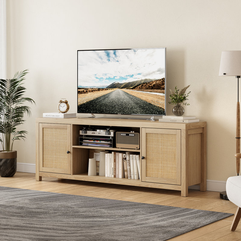 Boho TV Stand with 2 Rattan Storage Cabinets, Entertainment Center for Tvs Up To 75", 25”H x 55”L x 15.7”W