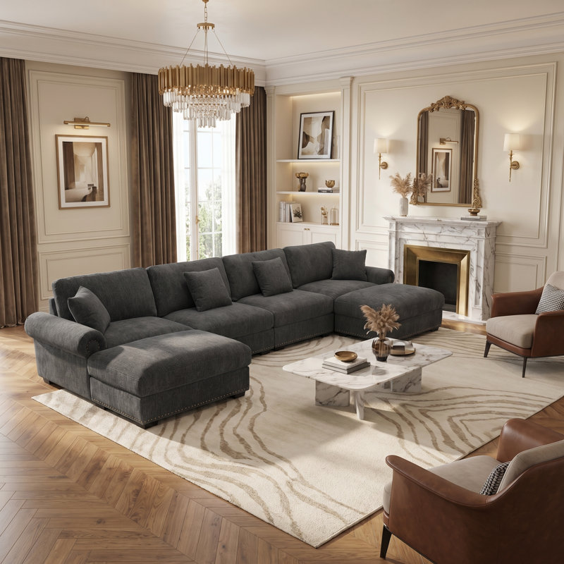 Errett Modern Fabric U-shape Sectional With 2 Ottomans, Dark Gray Polyester