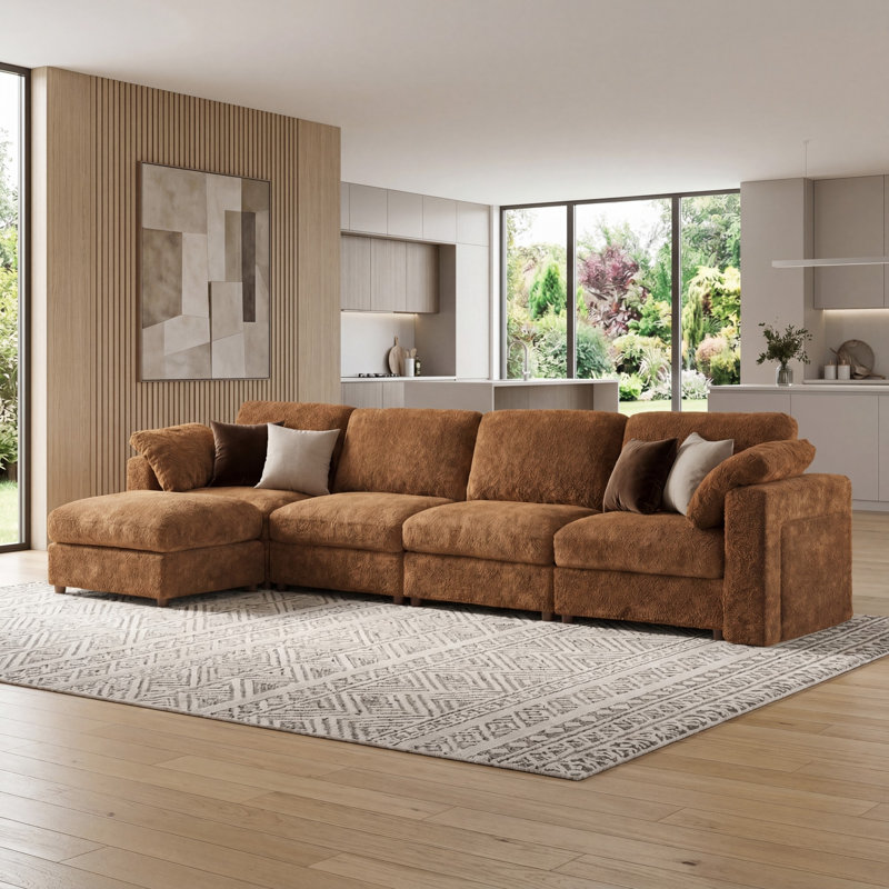 5 - Piece Teddy Modular Sectional Sofa Cloud Couch with Ottoman and 2 Storage Side Table, Orange, 4