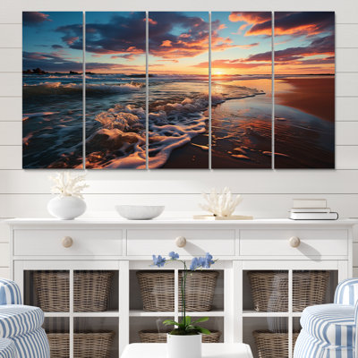 Coucher de soleil au bord de la plage Horizon II - salon d'art mural bord de mer - 5 panneaux égaux