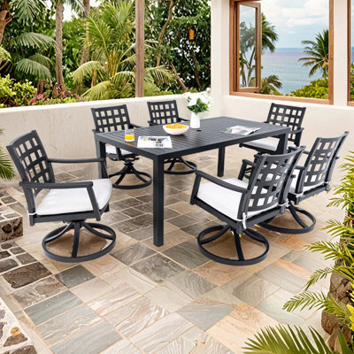 Ensemble de salle à manger d'extérieur classique 7 pièces, une table rectangulaire et six chaises de salle à manger pivotantes, en fonte d'aluminium, antirouille, noir texturé, coussin Sunbrella, résistant aux intempéries, pour le jardin