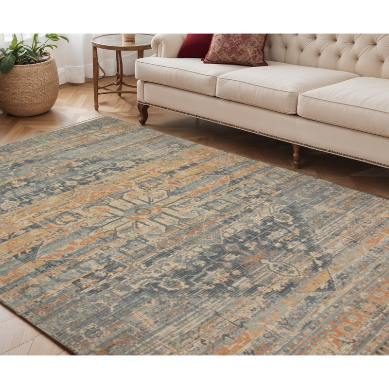 Tapis oriental beige et gris tissé à la main 5 pi x 7 pi avec frange
