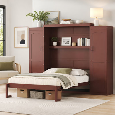 Full Size Murphy Bed, Wooden Full Wall Bed with 2 Wardrobe and Storage Shelf, Multifunctional Foldable Platform Bedframe for Guest-Room, Bedroom, Walnut