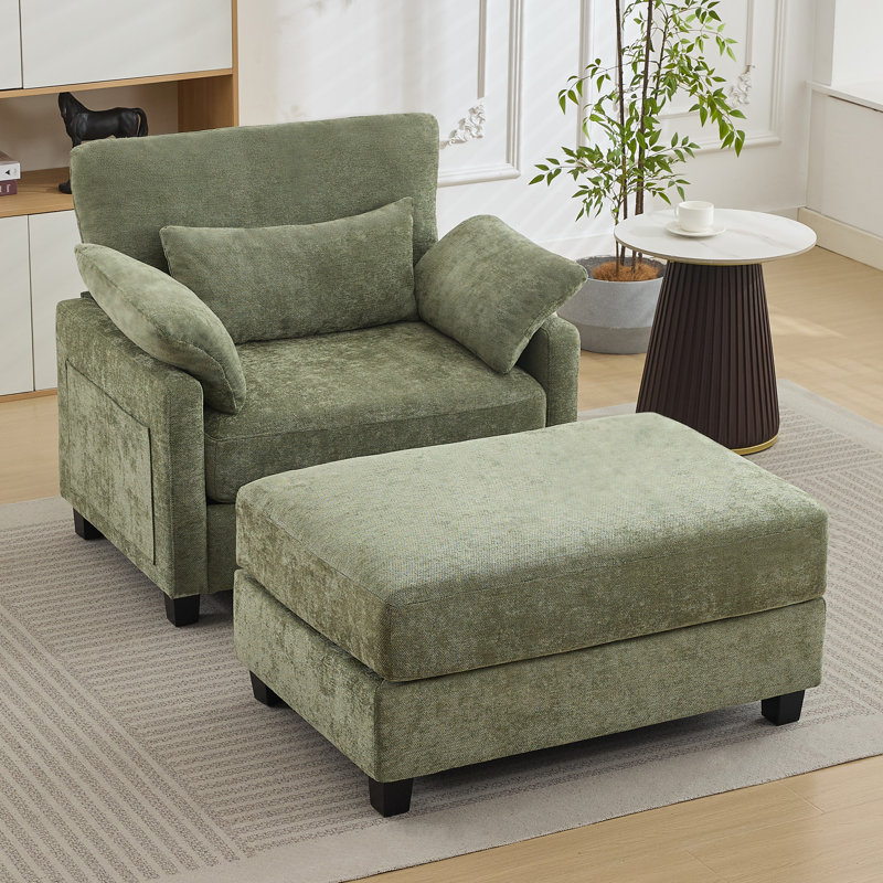 37.8" W Upholstered Chenille Armchair with Ottoman, Green