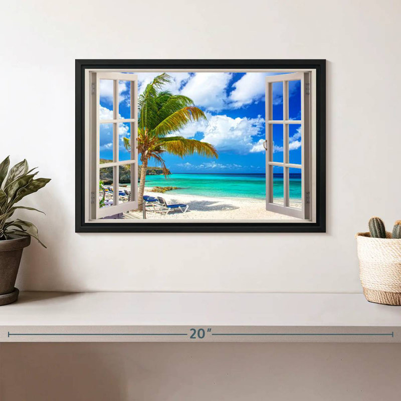 Vue de la fenêtre de la plage blanche, Cadre flottant noir, 13 po x 9 po
