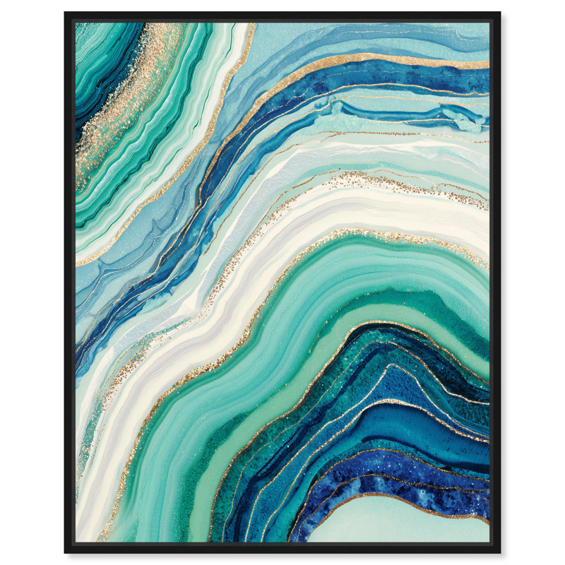 «Blue Green Abstract Agate I», art abstrait bleu sarcelle par , H 37 po x l 31 po, Cadre flottant noir