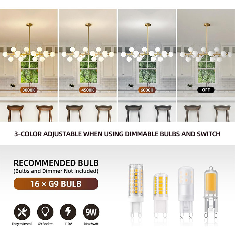 Lustre de style Mid-Century à 16 lumières: lustres Spoutnik linéaires dorés de 40 po - Luminaire sphérique en verre blanc laiteux - Long lustre suspendu moderne pour îlot de cuisine de salon