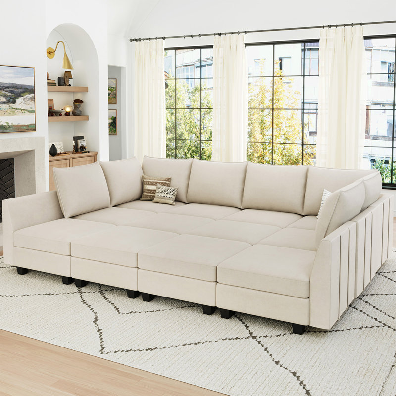 Très grand canapé-lit modulaire en forme de U Allison, Velours beige