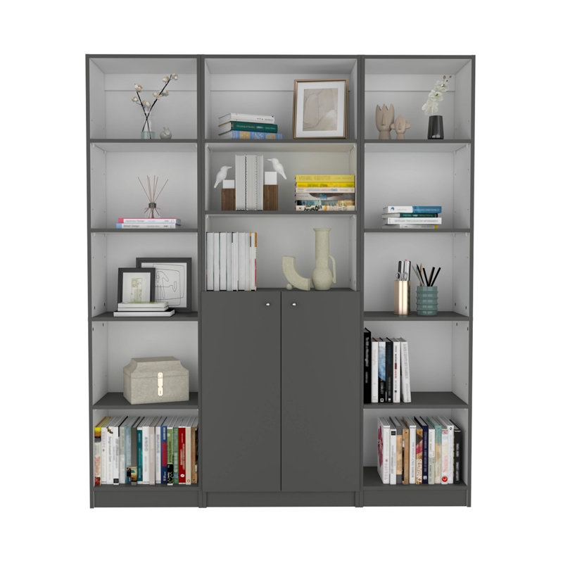 June 3 Piece Home Bookcase Set, 60" Wide With 13 Shelves And 2-Door Cabinet ,  Living Room Set  Matt Gray / White, White/Gray