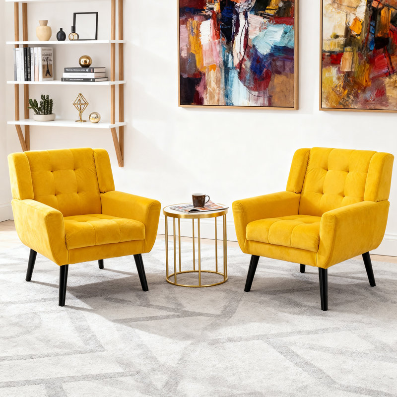 Tufted Upholstered Wide Back Armchair（Set of 2）, Yellow Velvet