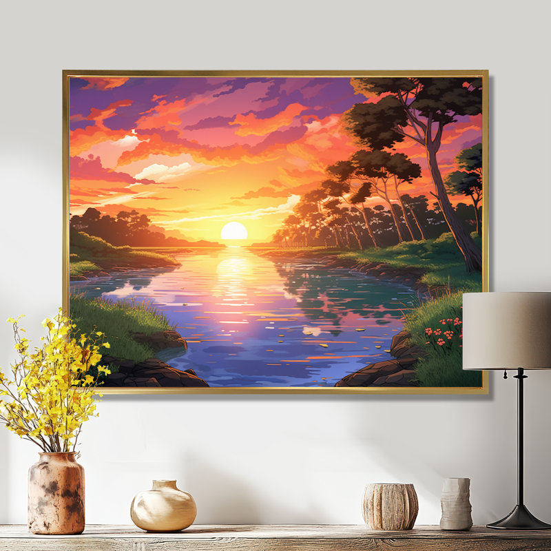 Glorieux coucher de soleil sur la rivière Holland - lac, art mural, H 16 po x l 32 po, Cadre doré flottant, bois massif