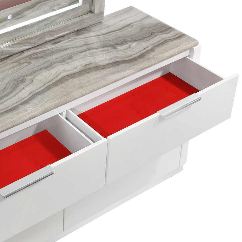 Commode 6 tiroirs Monaco Grand Executive avec finition laquée blanche brillante et plateau gris