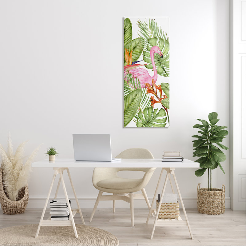 Flamant rose et feuilles de Monstera sur toile par Kim Allen, reproduction, H 48 po x l 20 po x P 1,5 po