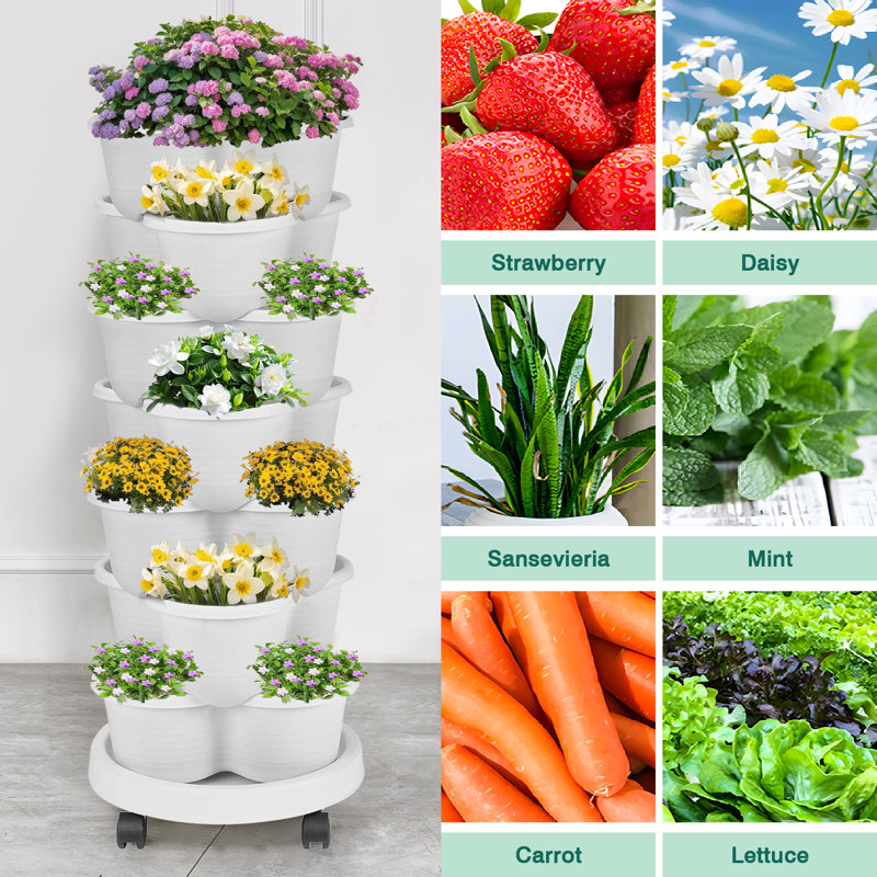 Pot à fleurs vertical à 7 étages avec poteau de soutien Strawberry, Blanc