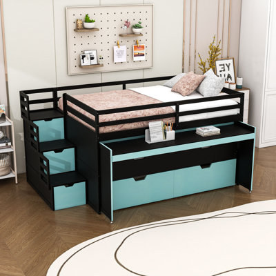 2 Drawers Wooden Loft Bed with Twin Trundle and Pull-Out Desk