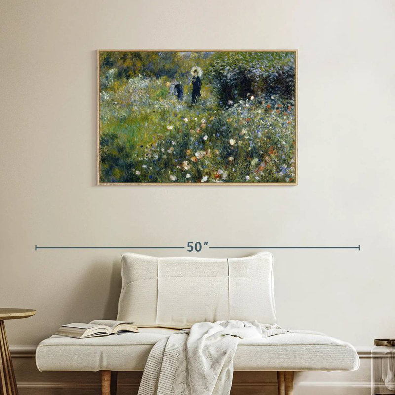 Femme avec un parasol dans un jardin, Cadre flottant en bois naturel, 37 po x 25 po