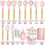 Ensemble de 23 ustensiles de cuisine en silicone antiadhésifs, manches en bois, résistants à la chaleur, rose