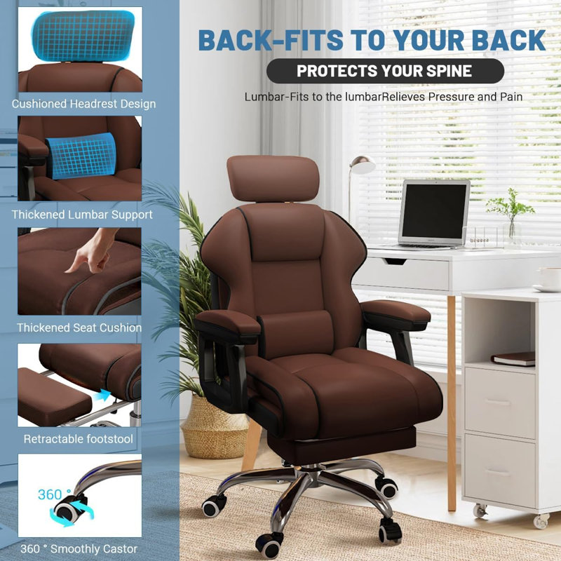 HDHNBA High Back Height Adjustable Swivel Ergonomic Office Chair With Extra Wide Cushion, Brown