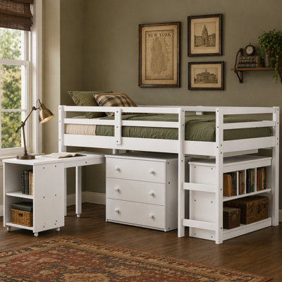 Low Study  Loft Bed With Cabinet And Rolling Portable Desk  OLD SKU :LPAAK