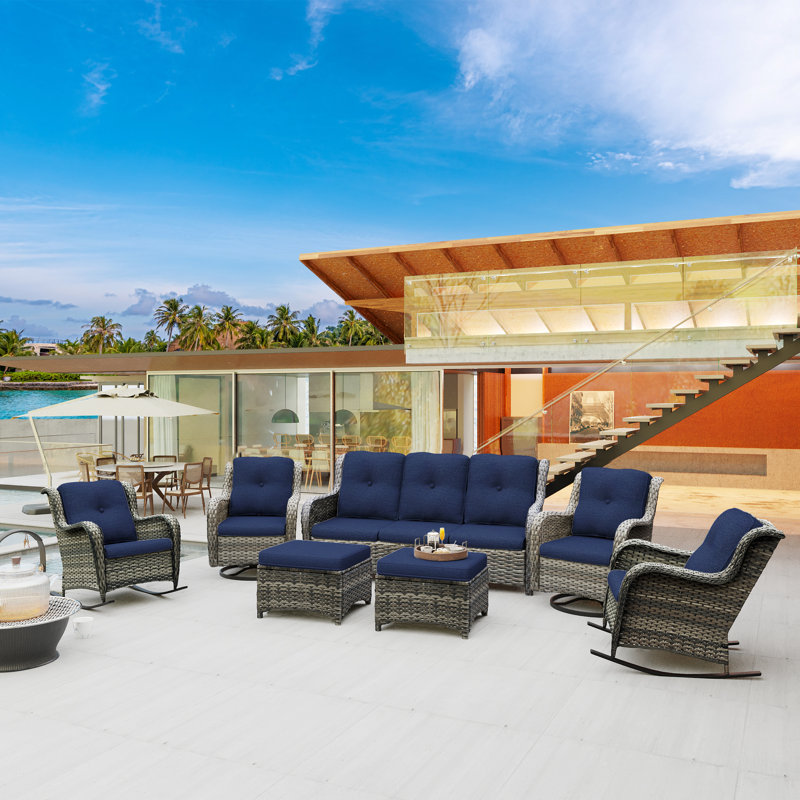 Loreley Wicker 7 - Person Patio Conversation Set with Cushions, Blue