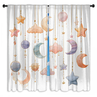 Hanging Celestial Ornaments Window Curtains Stars Sheer & Room Darkening - 2 Panels