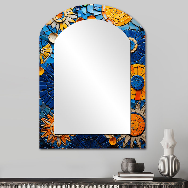 Carreaux de mosaïque jaunes et bleus 2 - miroir mural décoratif asymétrique Boho, 34 po x 25 po
