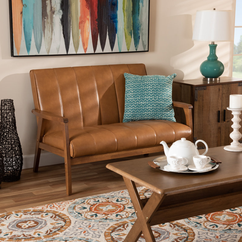 Nikko Mid-Century Modern Tan Faux Leather Loveseat with Walnut Wood