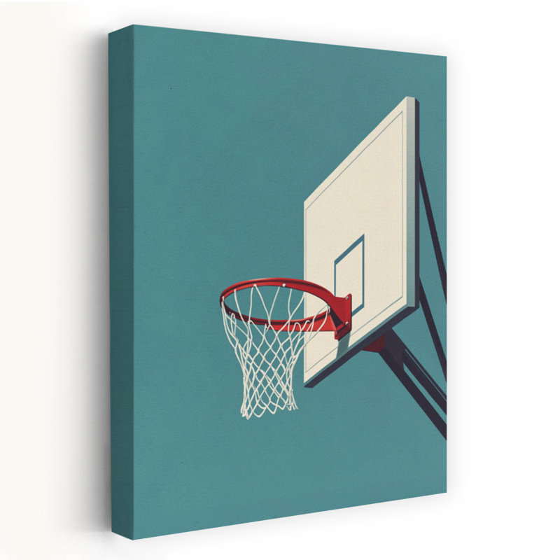 Bleu sarcelle, ciel, panier de basketball, rétro, paysage abstrait, art mural, H 24 po x l 16 po