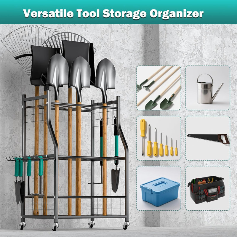 Support de rangement pour outils de jardin, rangement pour outils de garage, supports à outils de jardin avec roues verrouillables