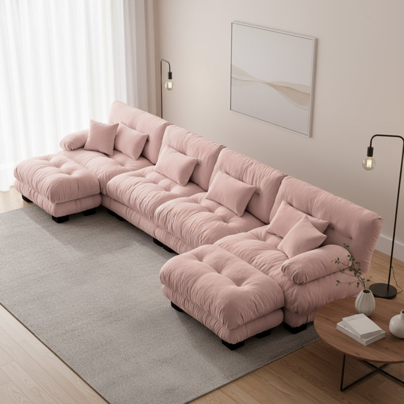 Chenille Pink U-shaped Modular Sofa 4-seater Cloud Feeling Comfortable With 2 Footstools Suitable For Living Room