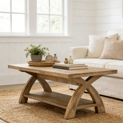 Table basse en bois massif avec tablette de rangement, table centrale rectangulaire rustique